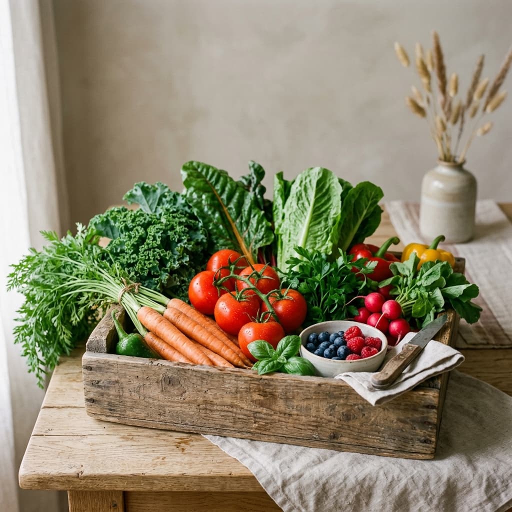 Fresh organic farm box with vegetables and fruits
